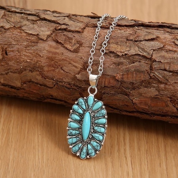 Bohemian Style, Turquoise and Silver Geometric Pendant Necklace - Picture 1 of 9